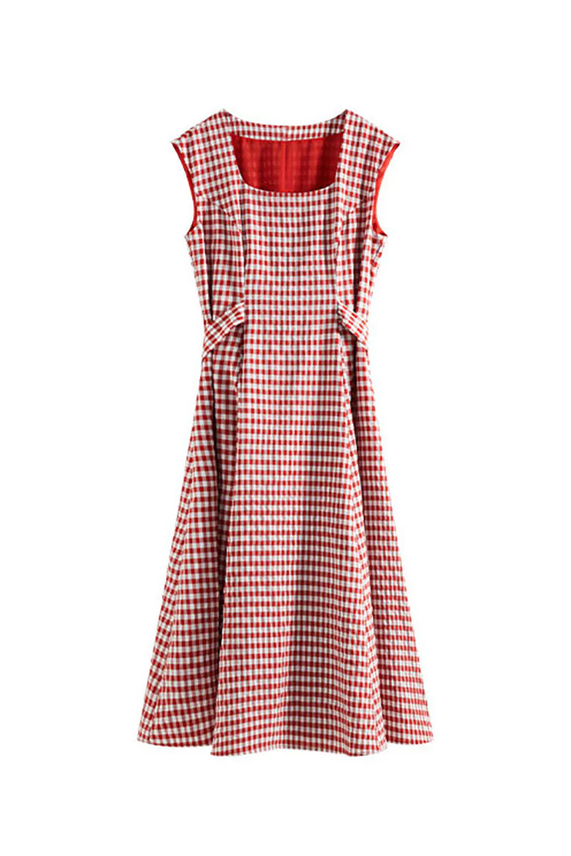 Red Gingham A-Line Midi Dress with Back Tie - HBQMJX
