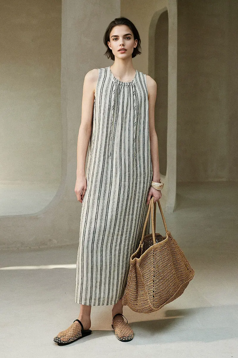 100 French Linen Striped Sleeveless Maxi Dress - HBQMJX