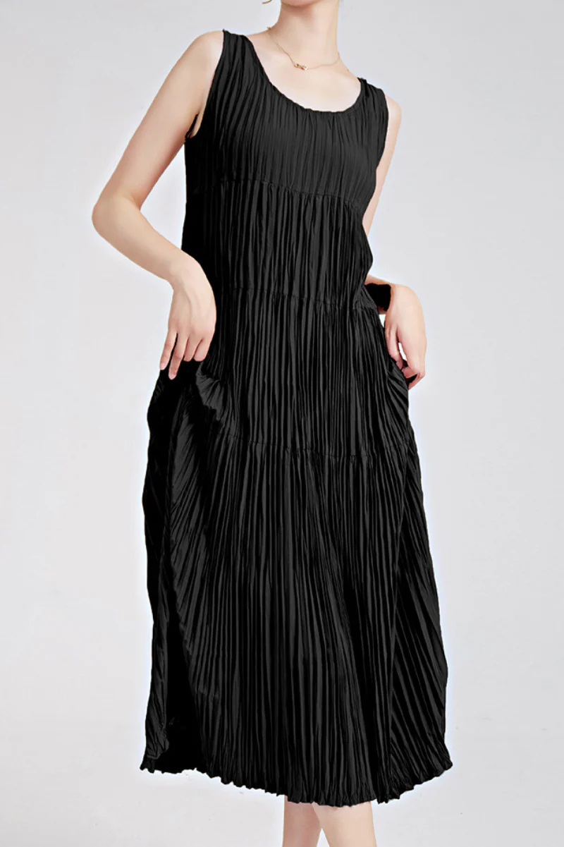 Designer Inspired Pleated Flowy Sleeveless Midi Dress - HBQMJX