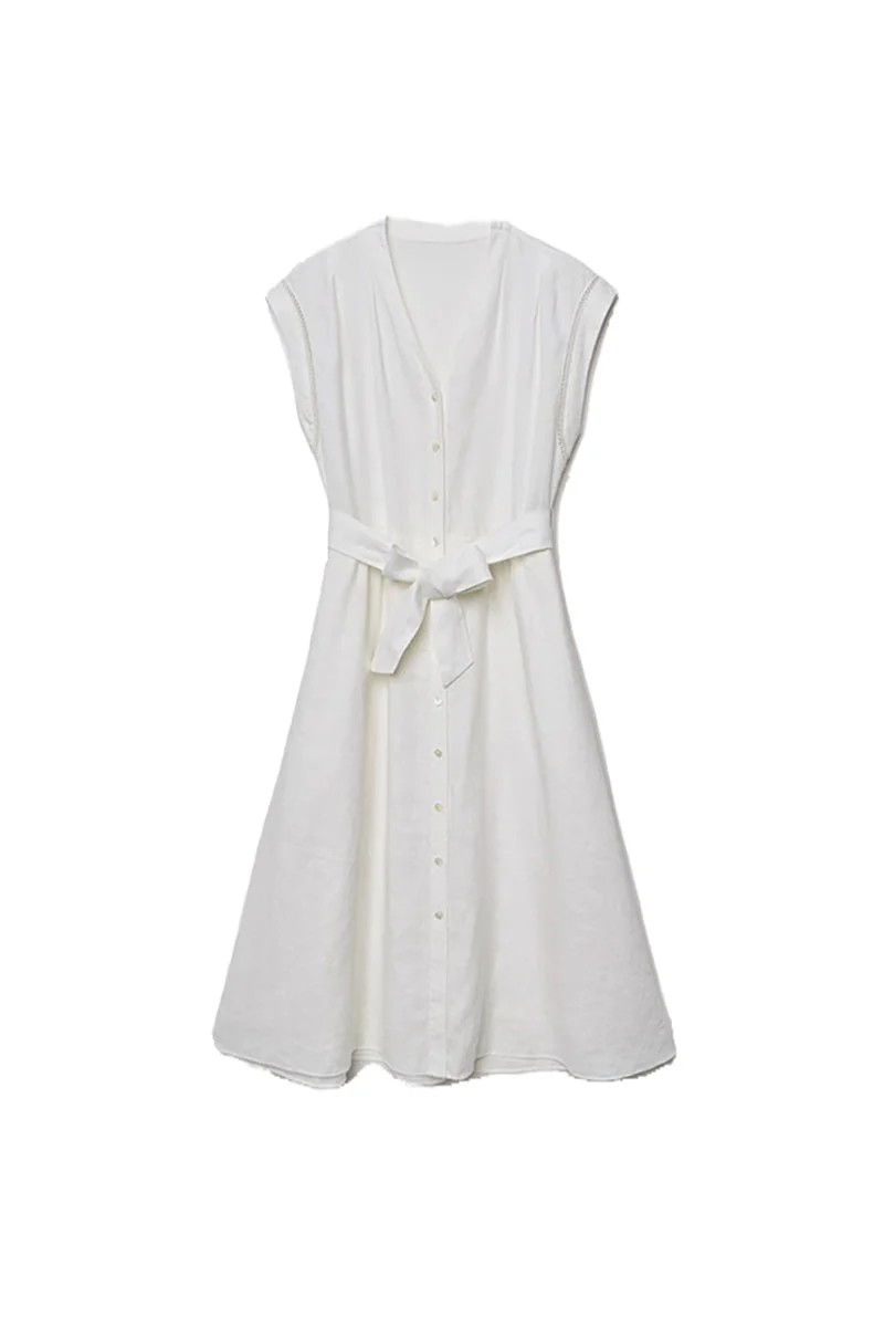 White 100 Linen Cap-Sleeve Button-Front Belted Midi Dress - HBQMJX