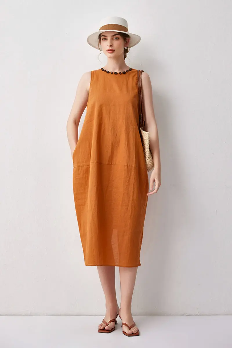 100 Linen Sleeveless Midi Dress With Back Slit - HBQMJX