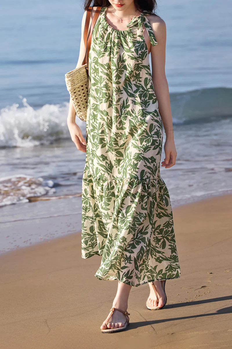 Green Floral Halter-Neck Beach Midi Dress - HBQMJX