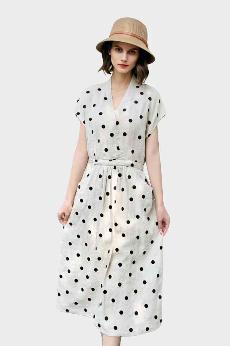 100% Ramie Polka Dot V-Neck Midi Dress - HBQMJX