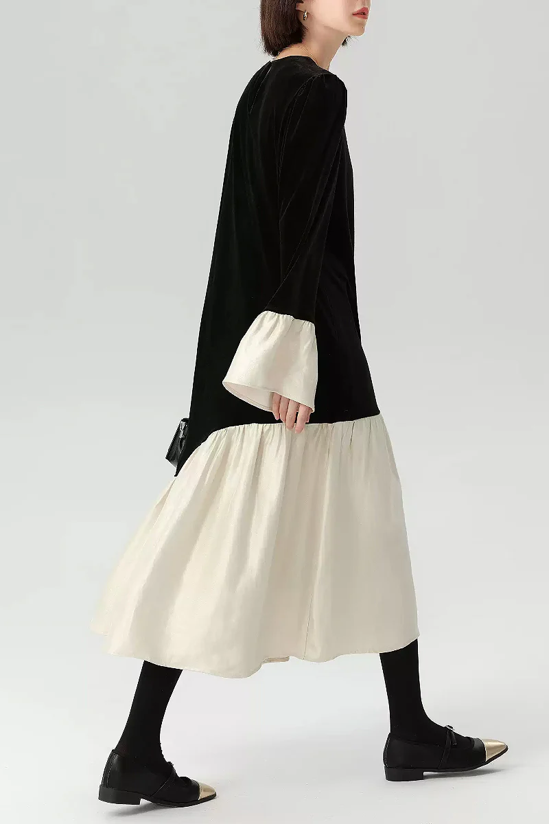 Asymmetric Patchwork Long-Sleeve Velvet Dress - HBQMJX