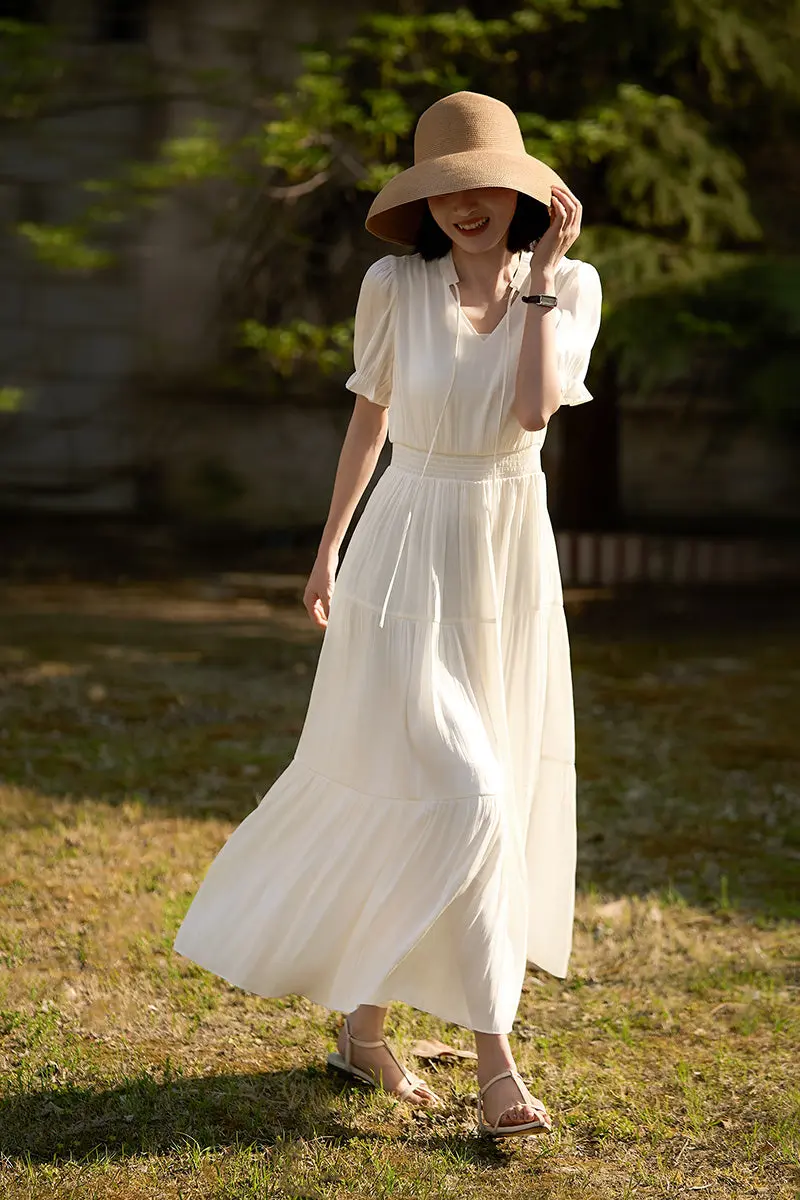 White Silky Tiered Puff-Sleeve Maxi Dress - HBQMJX