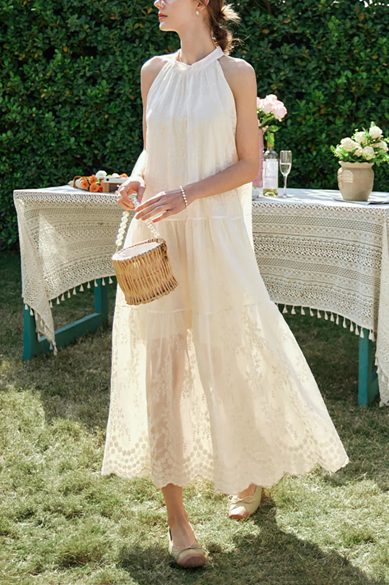 Ivory Embroidered Halter-Neck Tiered Midi Dress with Lace Hem - HBQMJX