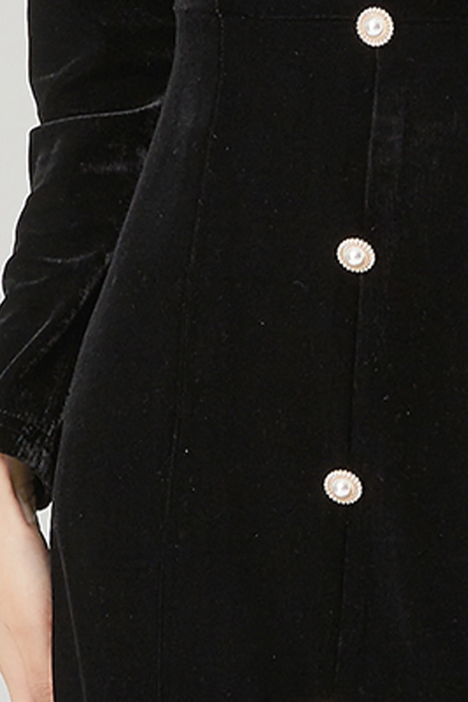 Black Velvet Long Sleeve Sweetheart Midi Dress with Pearls - HBQMJX