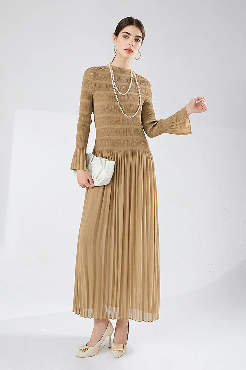 Designer Inspired Pleated Long Sleeve Smocked Maxi Dress - HBQMJX