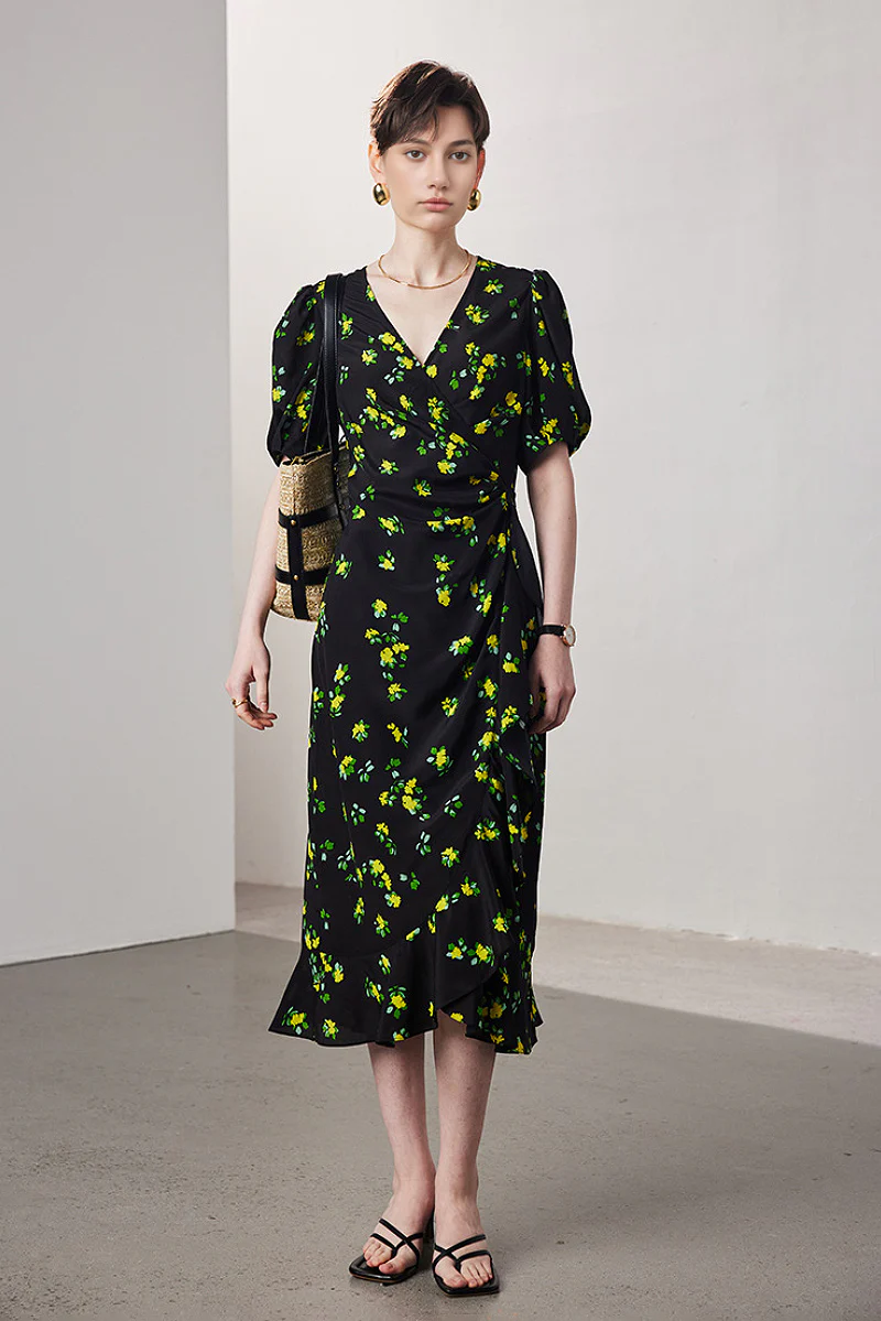 100 Mulberry Silk Floral Puff-Sleeve V-Neck Ruffle Wrap Midi Dress - HBQMJX