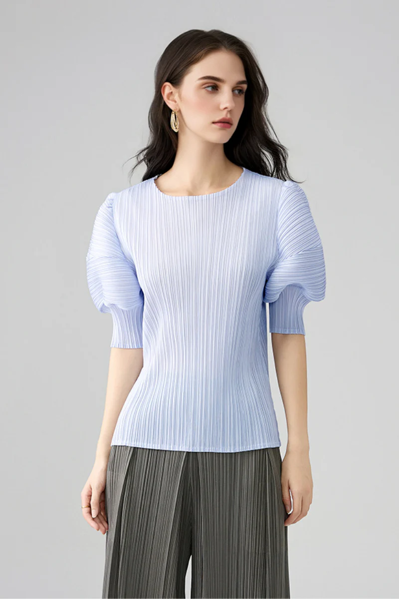 Designer Inspired Pleated Puff-Sleeve Top - HBQMJX