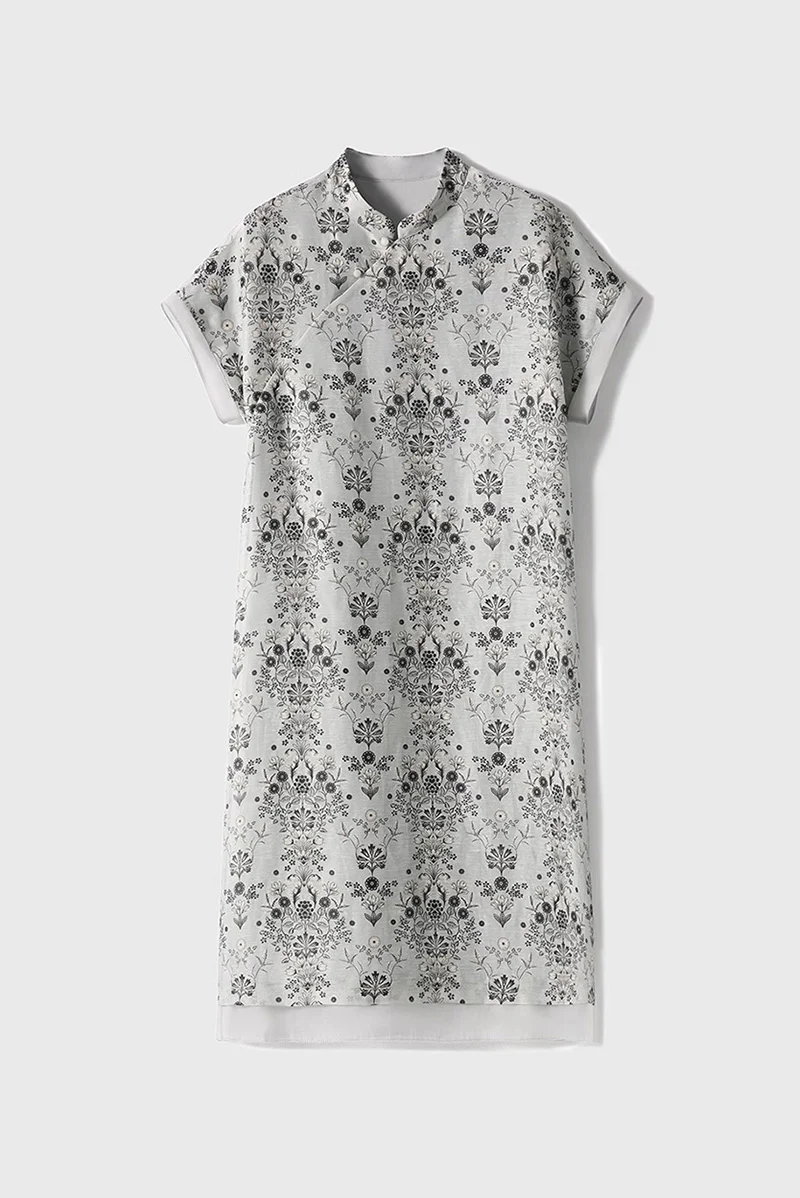 Qipao-Inspired Floral Midi Dress in Linen-Silk Blend - HBQMJX
