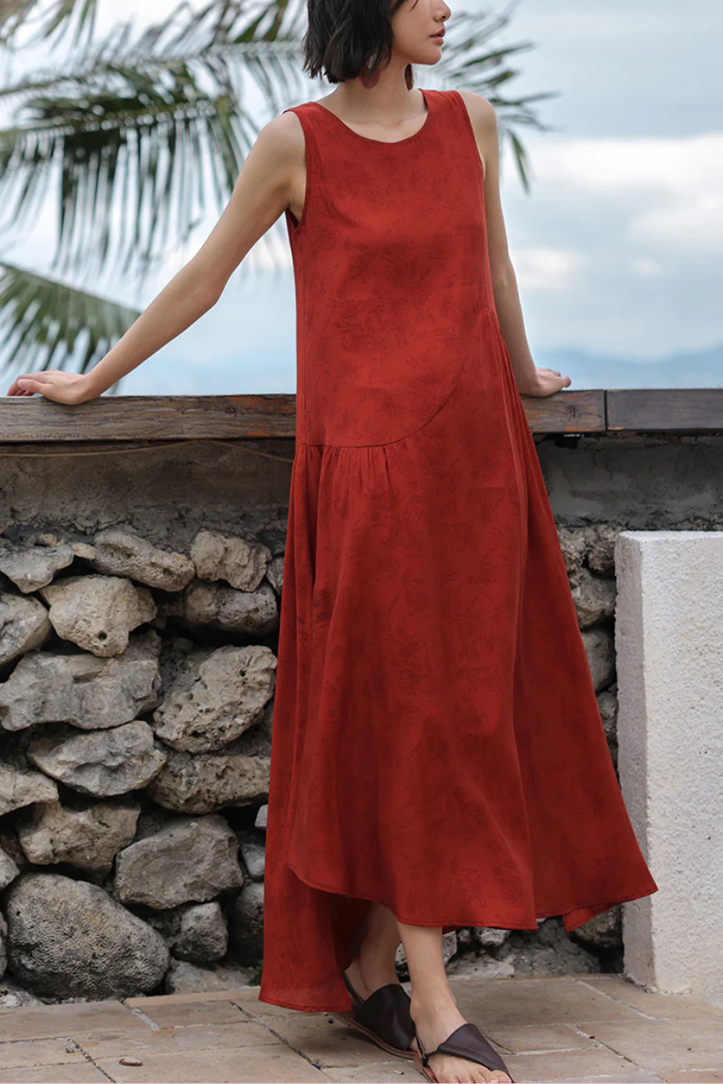 Red Asymmetrical Tiered Sleeveless Maxi Dress with Floral Print - HBQMJX