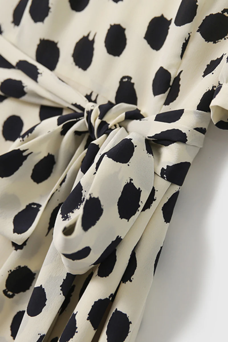 100% Silk Polka Dot Crepe A-Line Midi Dress - HBQMJX