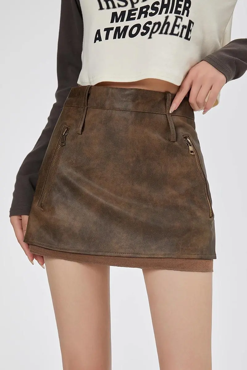 Double Layered Faux Leather Brown Mini Skirt - HBQMJX