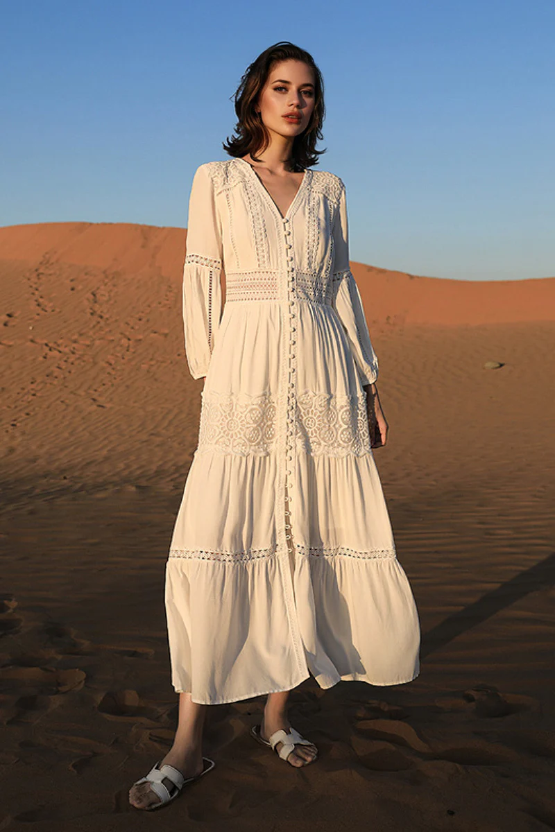 Tiered A-Line Long-Sleeve V-Neck Broderie Midi Dress with Front Buttons - HBQMJX