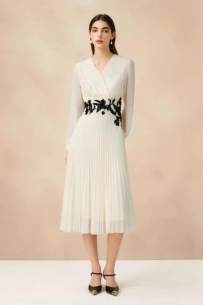 White Pleated Hand Embroidered Long-Sleeve Midi Dress - HBQMJX