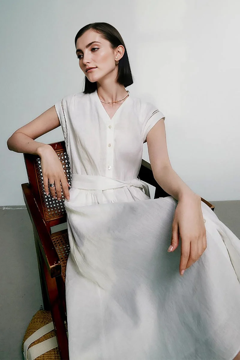 White 100 Linen Cap-Sleeve Button-Front Belted Midi Dress - HBQMJX