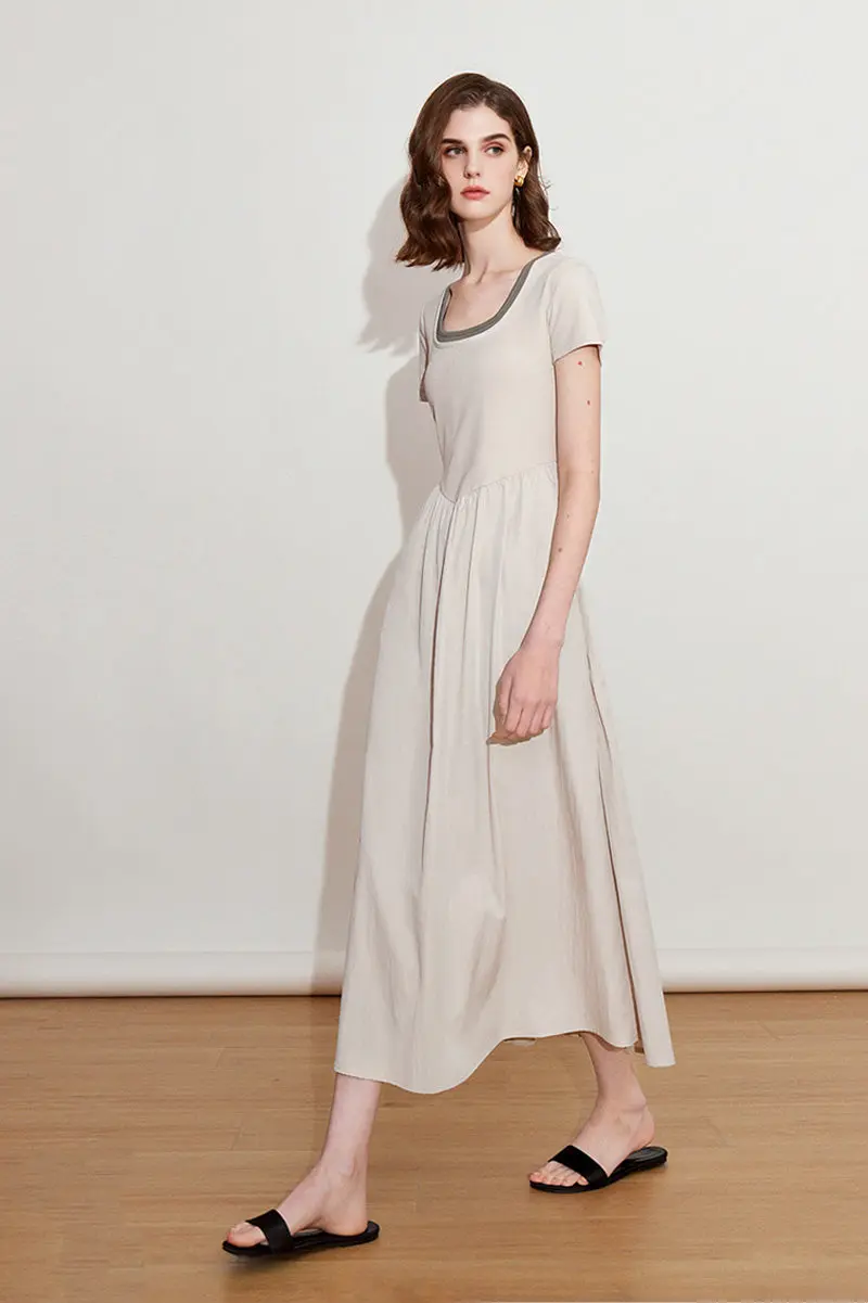 Cotton Short-Sleeve Mixed-Media Fit & Flare Midi Dress - HBQMJX