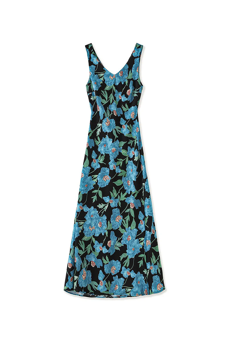 Blue Floral Sleeveless V-Neck Satin Midi Dress - HBQMJX