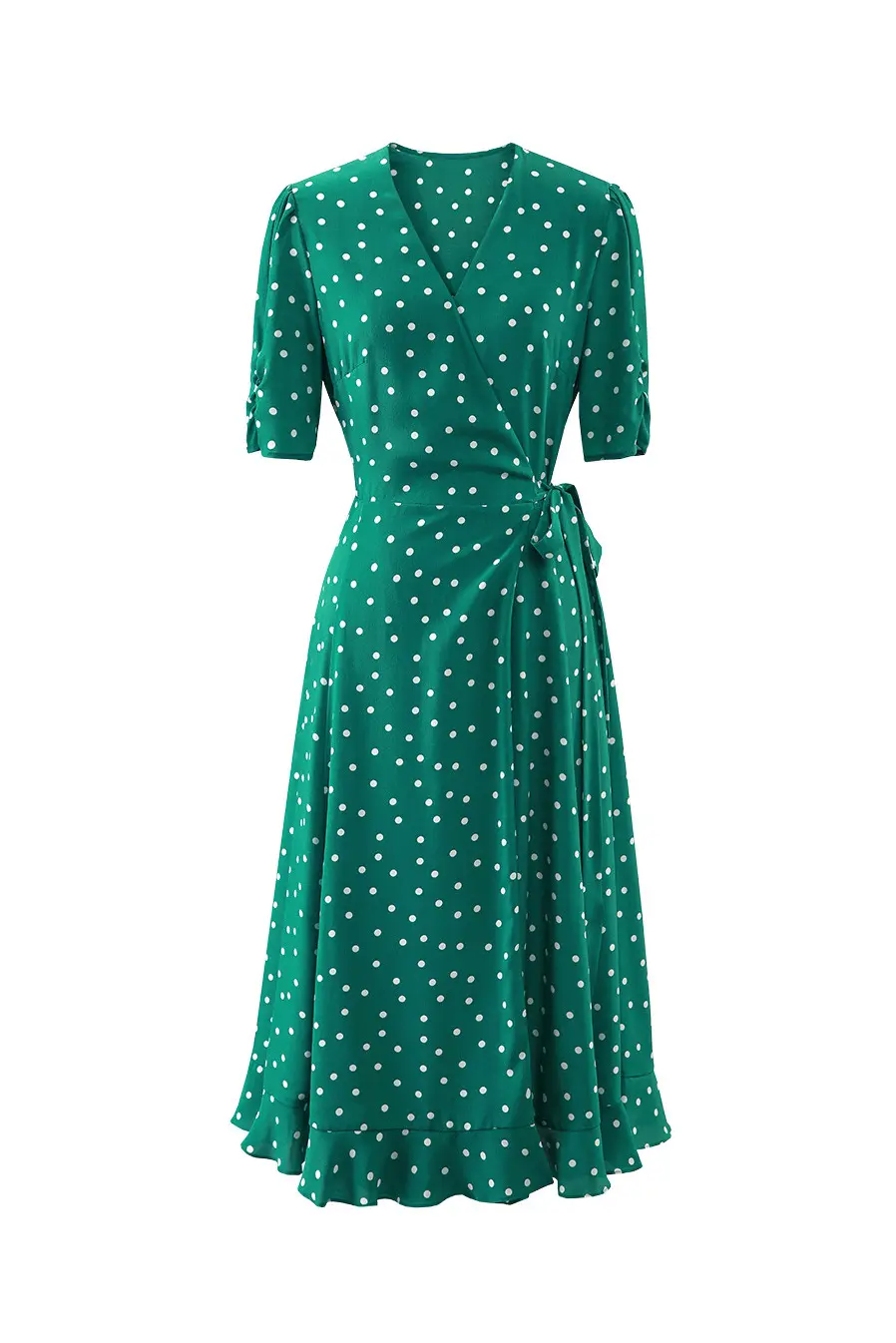 V-Neck Polka Dot Silk Midi Dress - HBQMJX