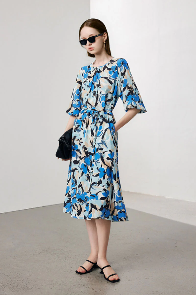 100 Mulberry Silk Abstract Print Balloon-Sleeve Midi Dress - HBQMJX