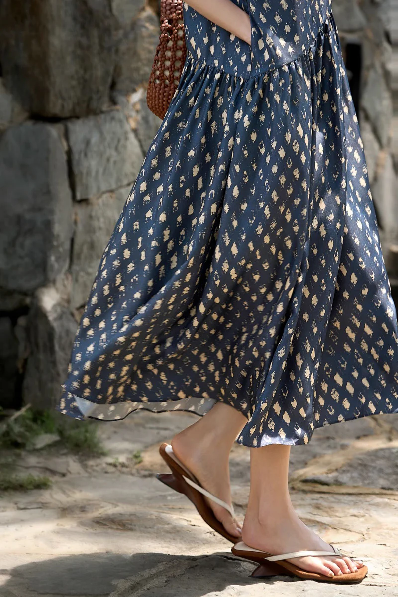 100% Silk Twill Printed Trapeze Midi Dress - HBQMJX