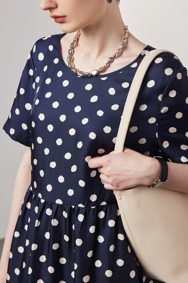100 Mulberry Silk Polka-Dot Short-Sleeve Midi Dress in Navy - HBQMJX