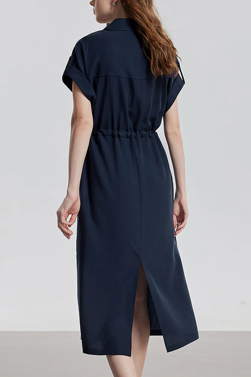 Blue Cap-Sleeve Shirt Midi Dress WIth Belt - HBQMJX