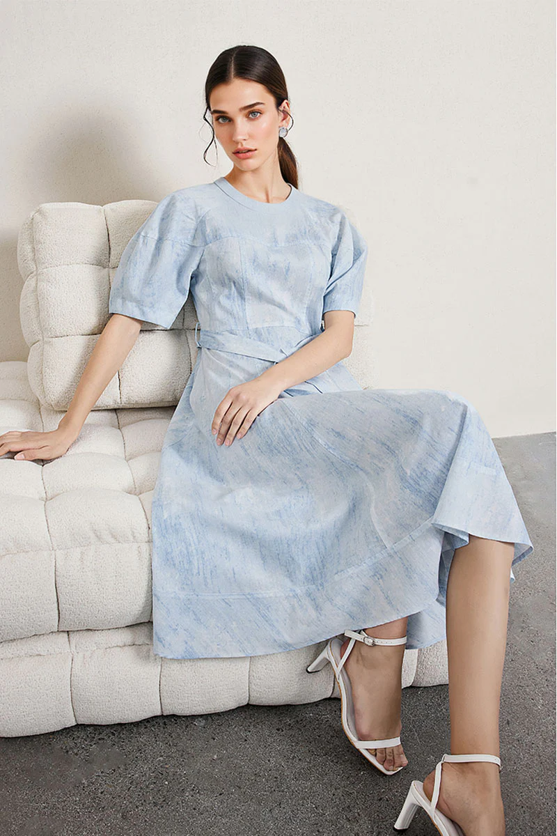 Blue Puff-Sleeve Flare Midi Dress with Belt - HBQMJX