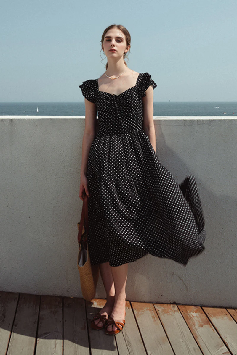Black Polka-Dot Sweetheart Midi Dress - HBQMJX