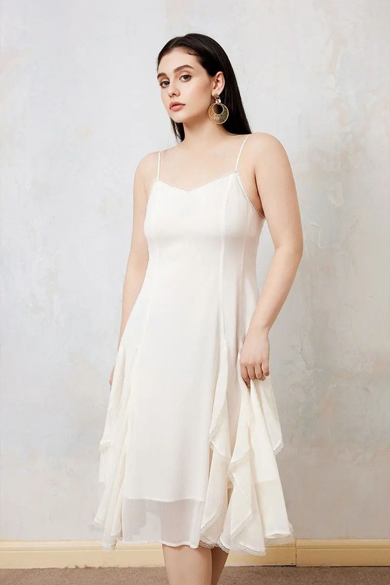 White Chiffon Spaghetti-Strap Ruffled Midi Dress with Lace Trim - HBQMJX