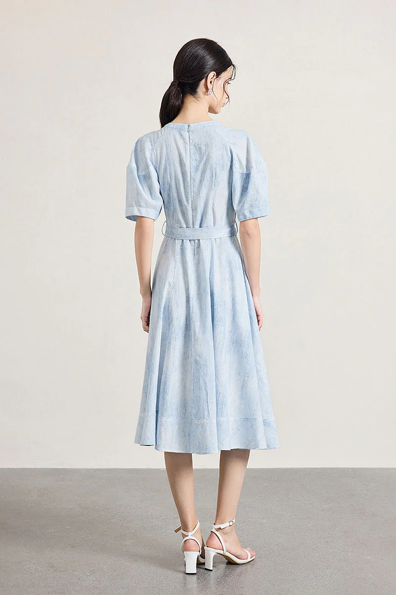Blue Puff-Sleeve Flare Midi Dress with Belt - HBQMJX
