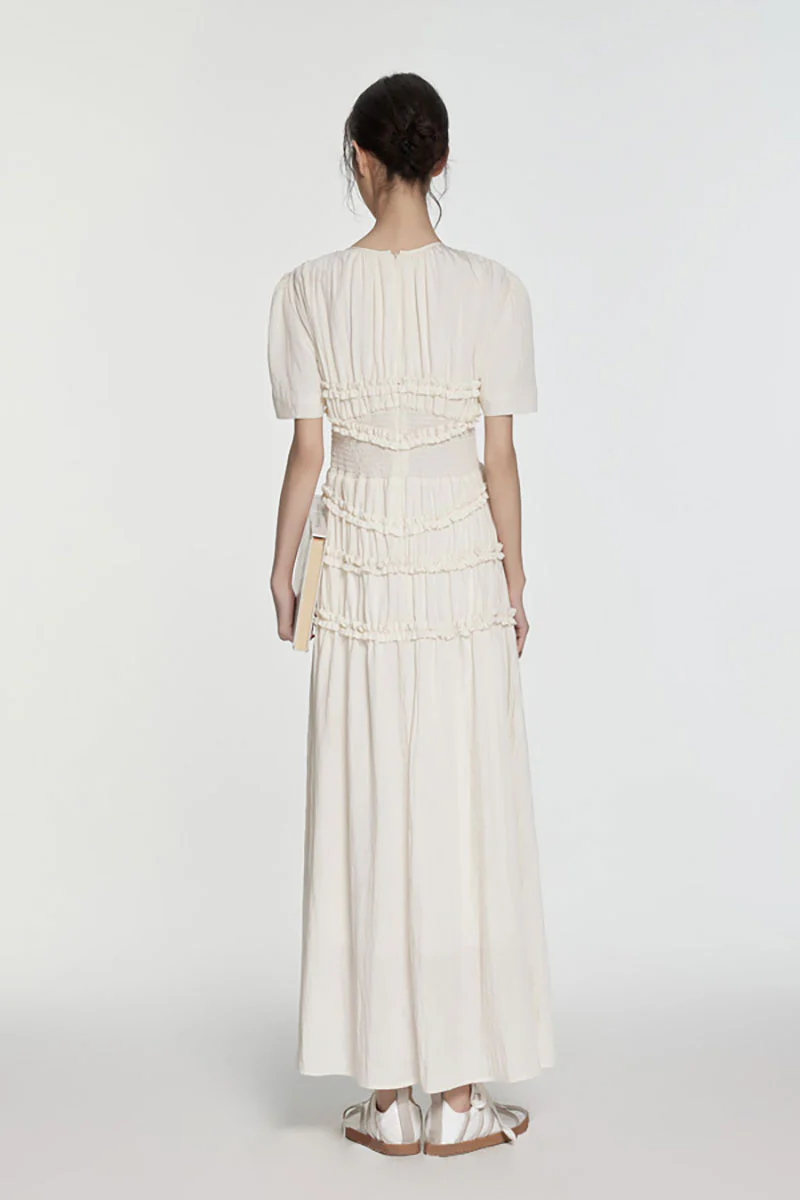 Fit & Flare Ruffled Puff-Sleeve Smocked-Waist Maxi Dress - HBQMJX