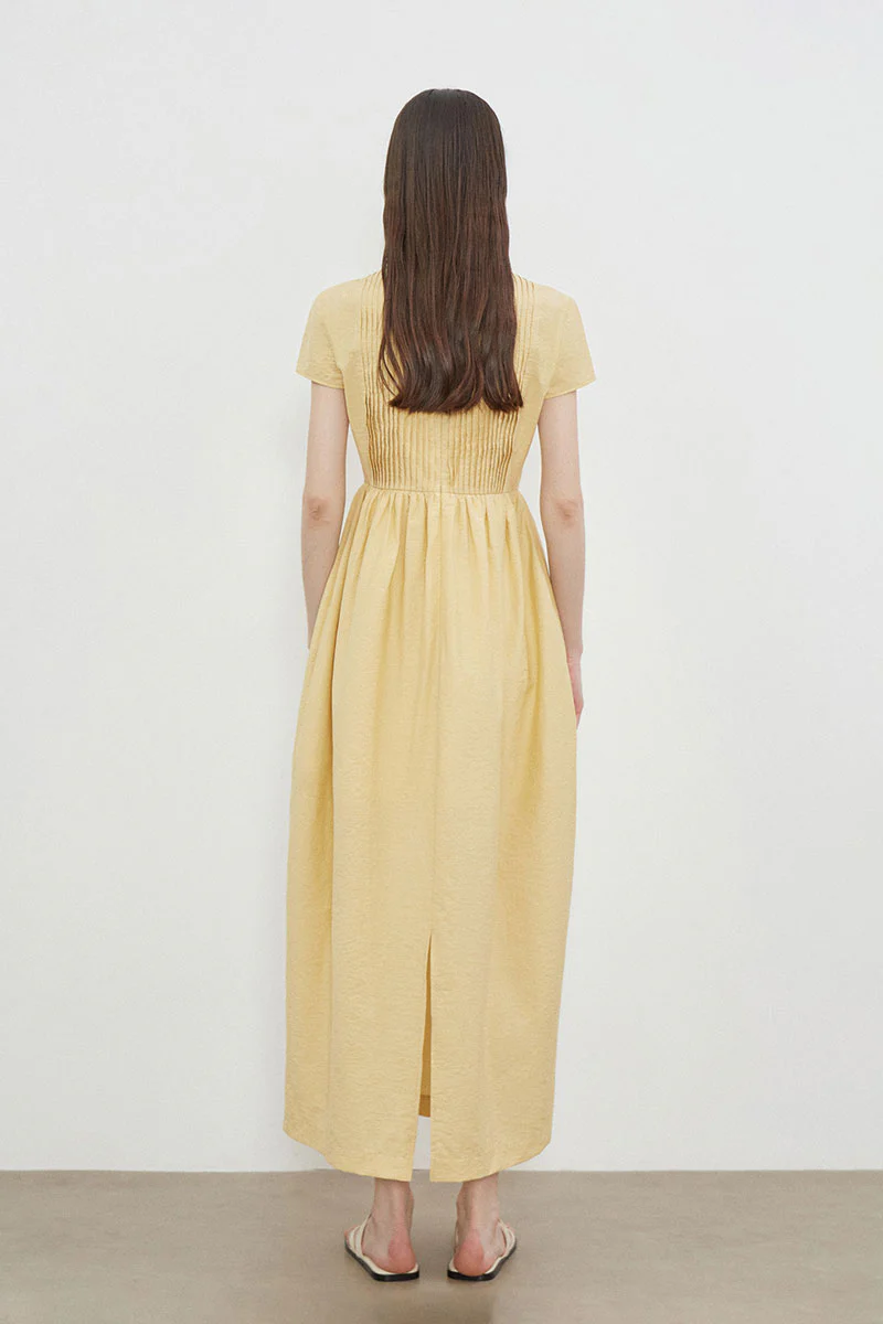 Yellow Long-Staple Cotton Midi Dress with Front Pleat - HBQMJX