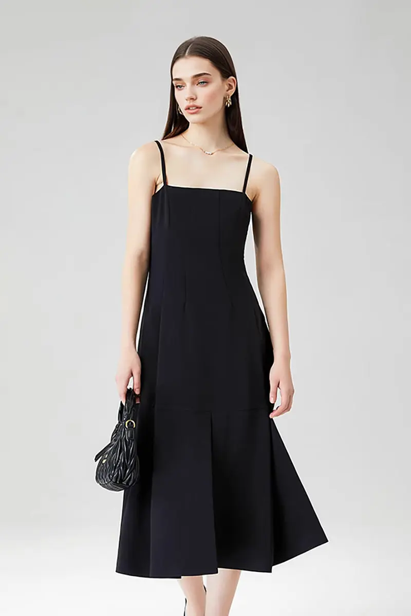 Elegant Black Spaghetti-Strap A-Line Midi Dress - HBQMJX