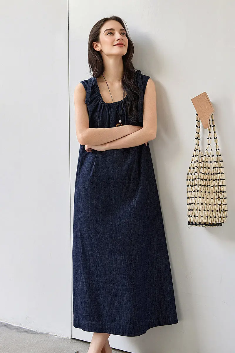 Denim Trapeze Tie-Strap Midi Dress - HBQMJX