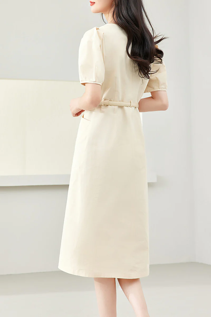 Ivory Cargo Square-Neck Belted Midi Dress - HBQMJX