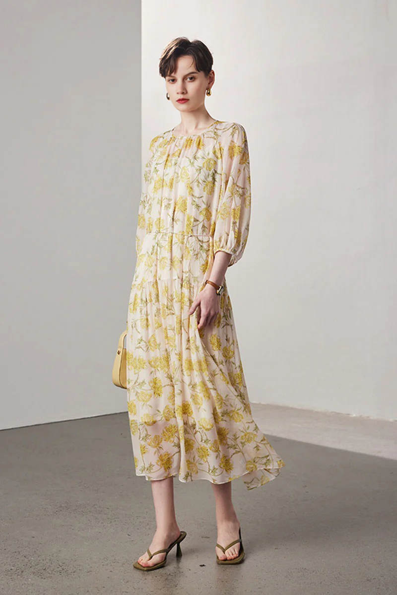 100 Mulberry Silk Floral  Balloon-Sleeve Drop Waist Midi Dress - HBQMJX