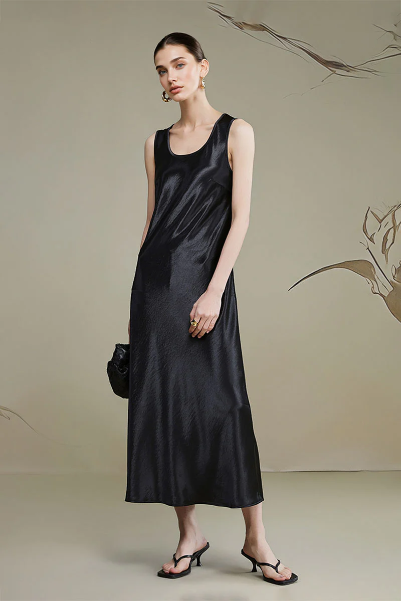 Satin Sleeveless Scoop-Neck Tank Midi Dress - HBQMJX