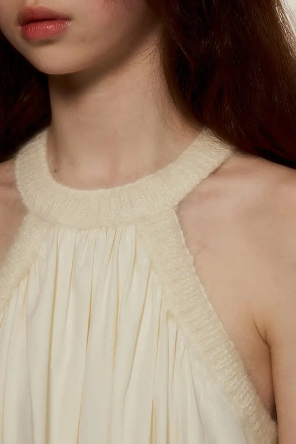 Rib Knit Collar Creamy White Midi Dress - HBQMJX