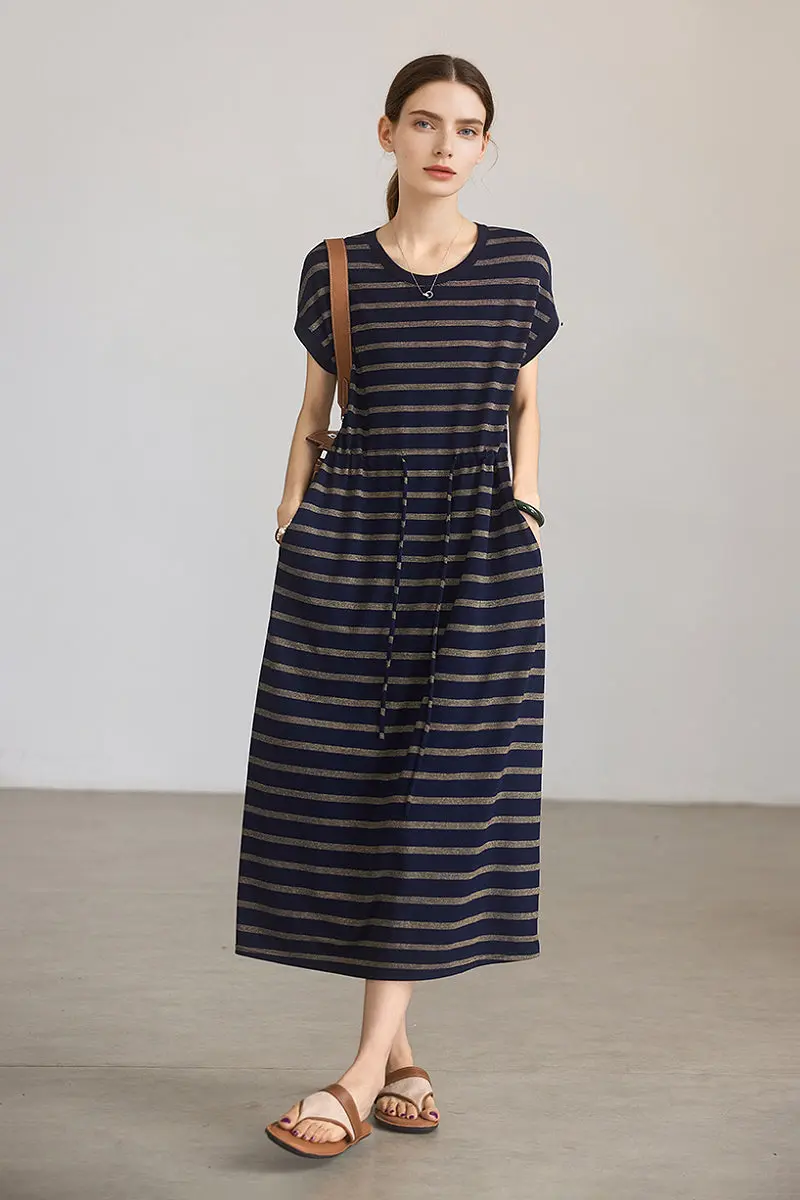 Striped Drawstring Waist Midi T-Shirt Dress with Pockets - HBQMJX