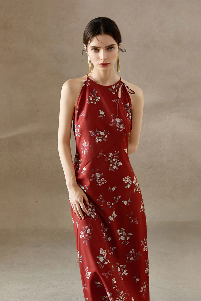 Red Jacquard Halter Midi Dress with Shoulder Bow - HBQMJX