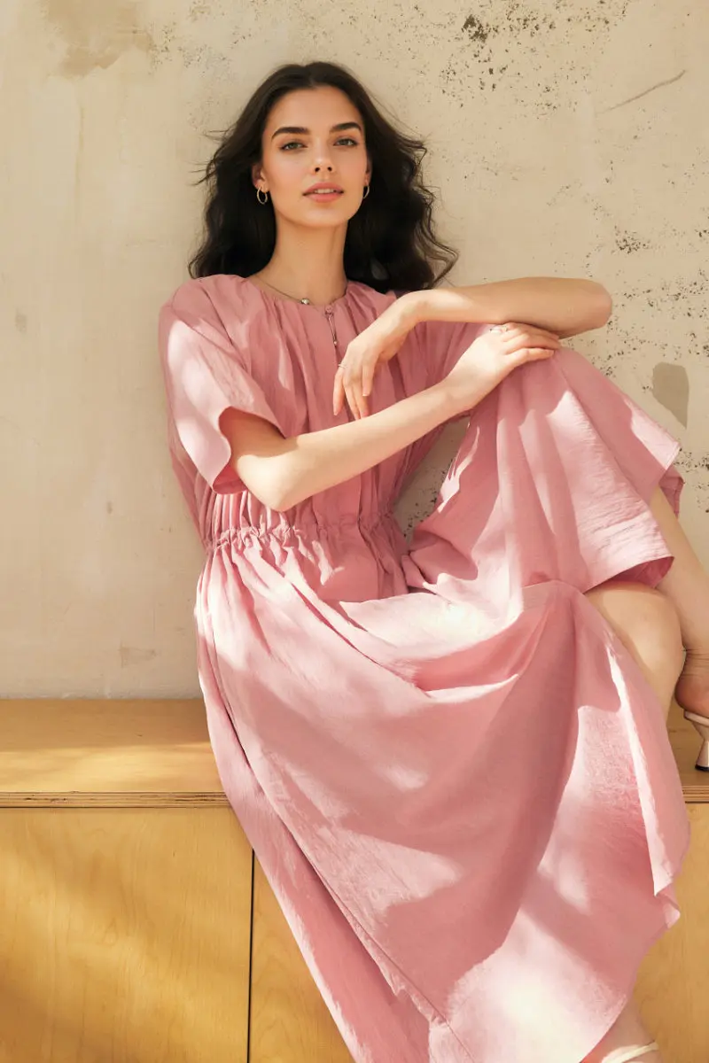 Summer Cinched Waist Midi Dress with Pockets - HBQMJX