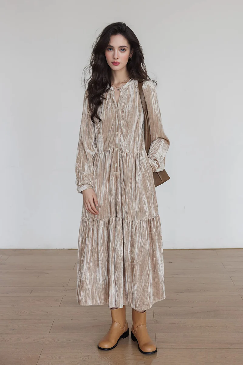Tiered Long-Sleeve Button-Down A-Line Velvet Midi Dress - HBQMJX