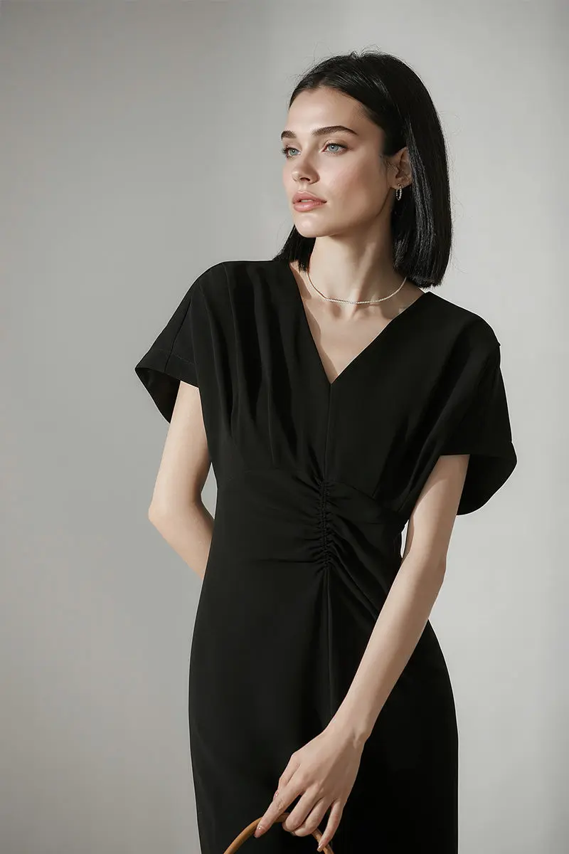 Black Triacetate V-Neck Gathered Waist Midi Dress - HBQMJX