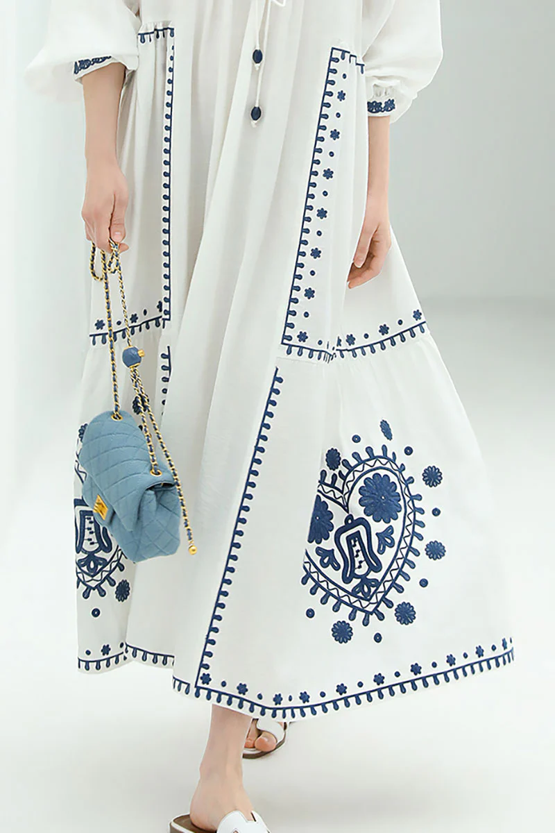 Boho Embroidered Long-Sleeve Split-Neck Maxi Dress - HBQMJX