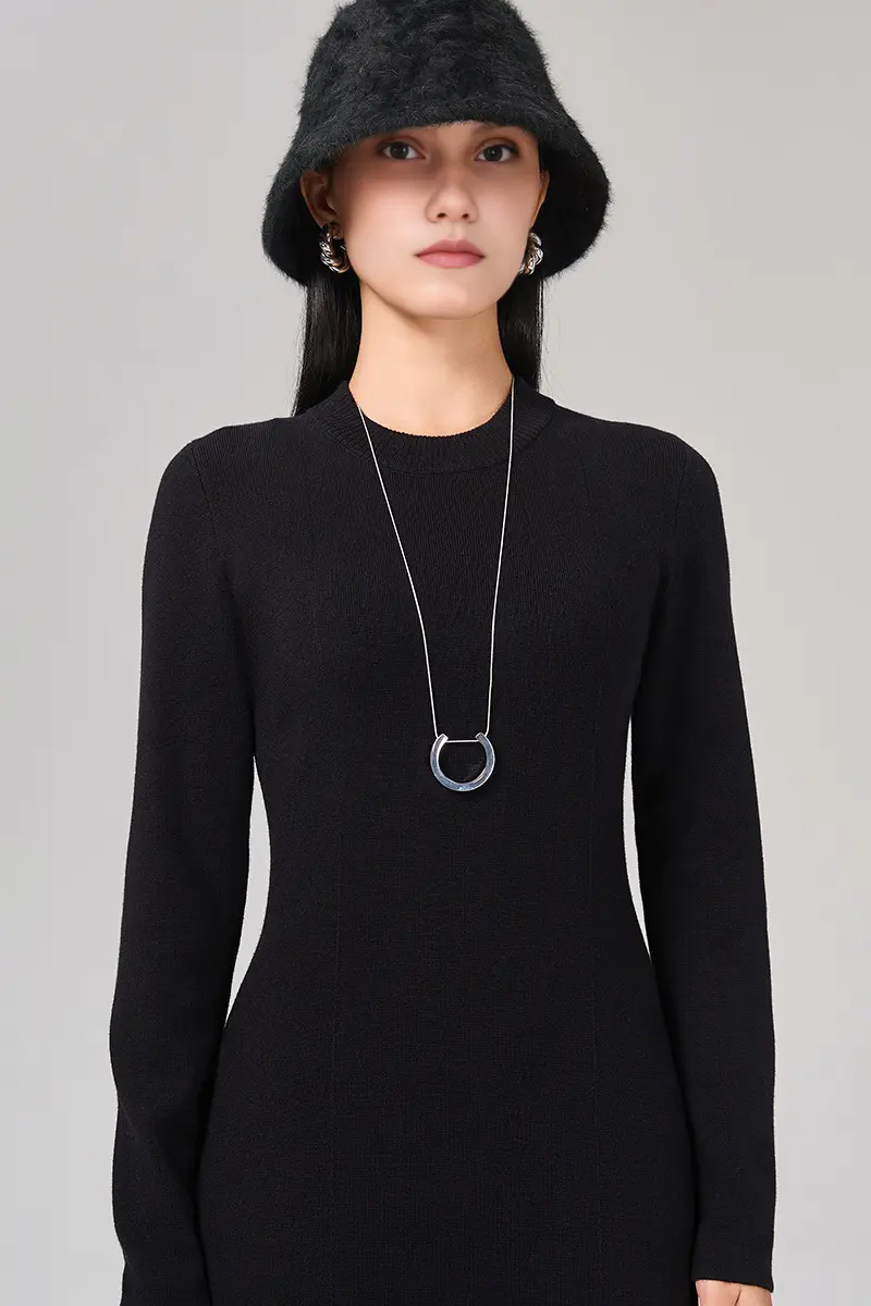 Slim Fit Long Sleeve Knit Wool Maxi Dress - HBQMJX