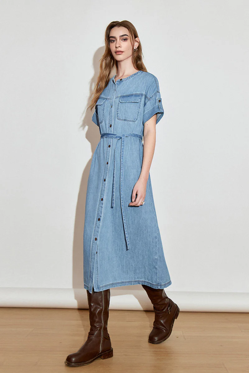 Denim Short-Sleeve Button-Up Belted Midi Shirt Dress with Back Slit - HBQMJX