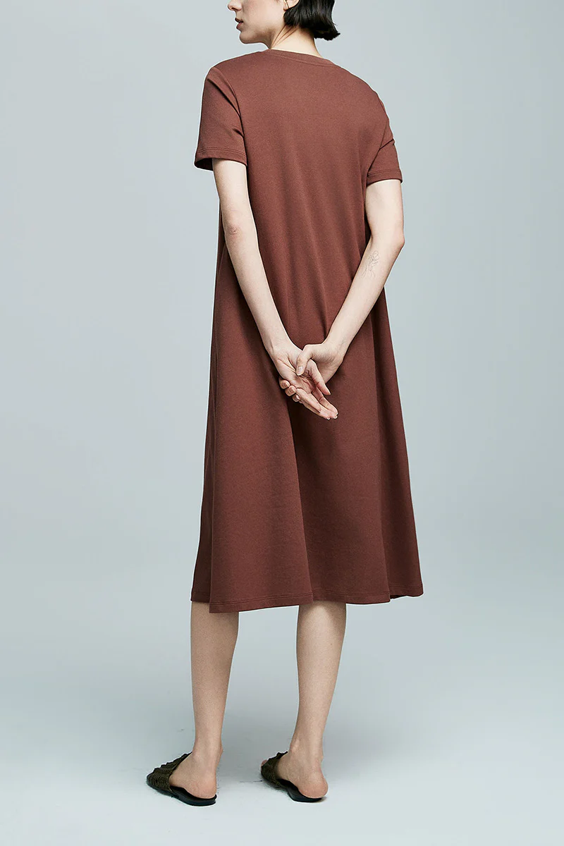 Brown Midi T-Shirt Dress with Pockets - HBQMJX