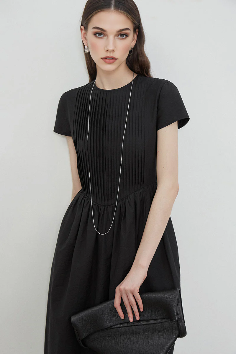 Black Long-Staple Cotton Midi Dress with Front Pleat - HBQMJX